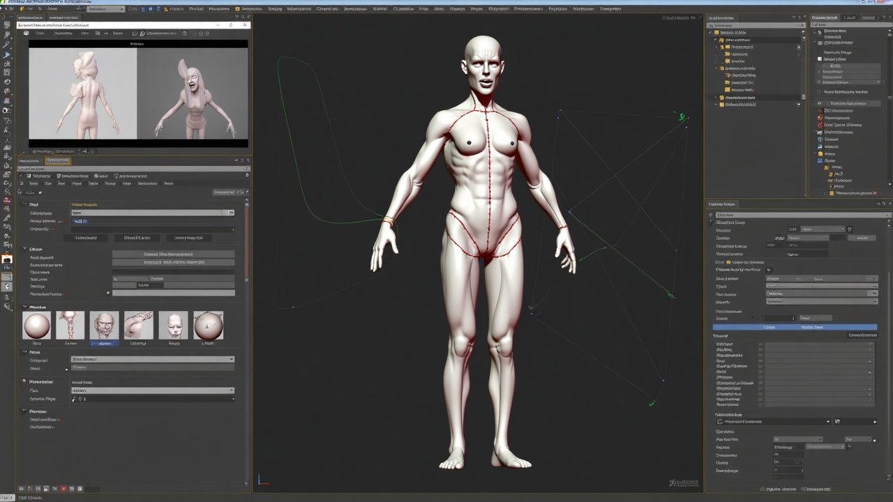 Character rigging workspace showing skeleton setup and animation timeline for humanoid character model