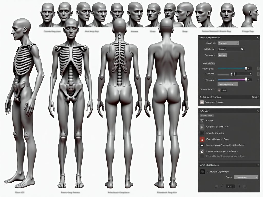 Character animation process showing rigging, skinning and animation keyframes with Unity integration steps