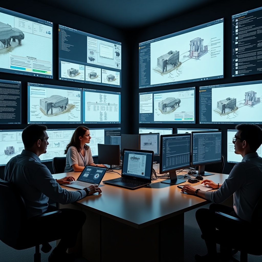 Technical artist setting up asset import settings in game engine with multiple monitors showing code and 3D viewport